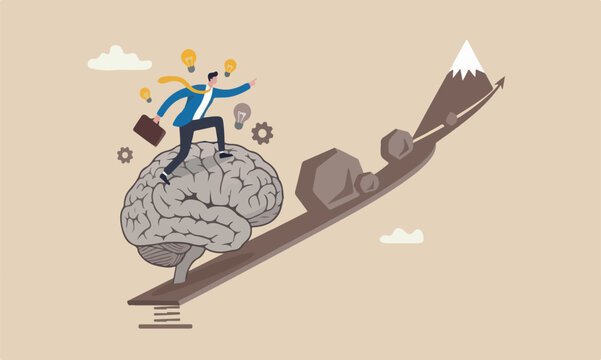 Brain intelligence mountain, smart or wisdom to brainstorm, imagination to success concept, businessman riding human brain with springboard