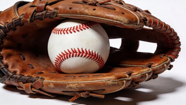 Close-up of a baseball nestled securely within a worn leather baseball glove on a white background