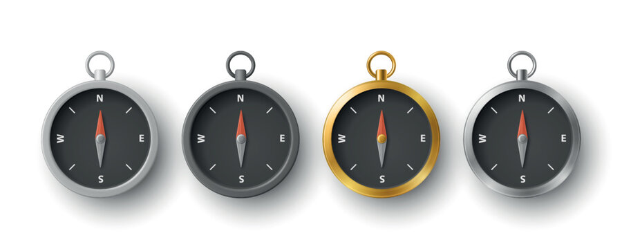 Vector 3d Compass Icon Set. Navigation Compasses with Black Dial. Classic Travel Compass Icon, Navigation Symbol, Exploration Tool, Direction Equipment. Adventure Design Element. Front View