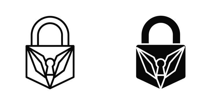 Contrasting padlock designs with a stylized emblem and keyhole motif in black and white versions