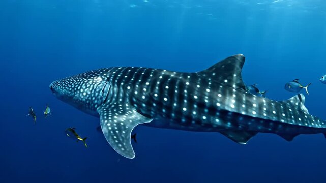 A whale shark swimming through the blue ocean waters