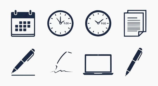 Minimalist business office icon set, dark blue corporate symbols for productivity, calendar clock and laptop vector elements for schedule management