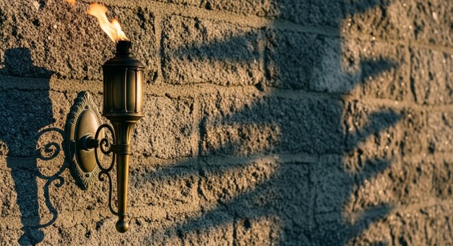 Vintage torch casting shadow on brick wall at sunset