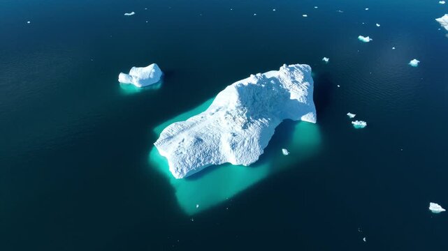 Drone shot of icebergs floating in a large fjord of East Greenland
