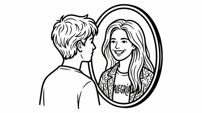 Young person looking into a mirror and seeing their confident true self reflected back as a smiling woman in this clean black and white vector illustration