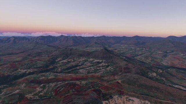 Side aerial shot at sunset of Mateka Town. Lesotho