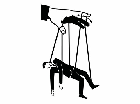 Minimalist black and white vector illustration depicting a large controlling hand manipulating a businessman like a helpless puppet with strings attached in a corporate setting