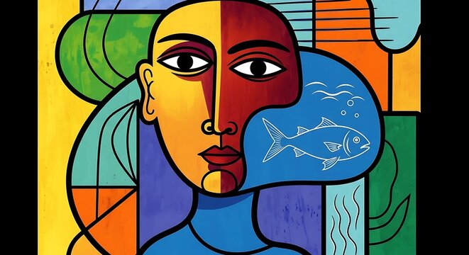 Abstract cubist style human face with fish in thought bubble