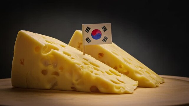 Tasty cheddar-type cheese from Jeju pastures and South Korea flag on dark background.