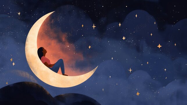 Silhouette of a child resting on moon, surrounded by starry night sky
