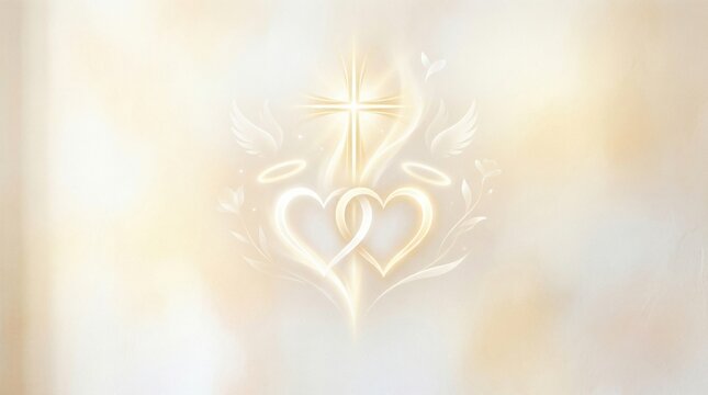 Divine golden background with cross, interlocking hearts and angel wings. Religious wedding, marriage and eternal love concept with sacred symbols, halos and glowing light effects.