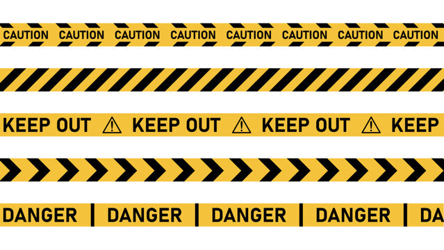 Collection of various hazard warning tapes with caution danger keep out text