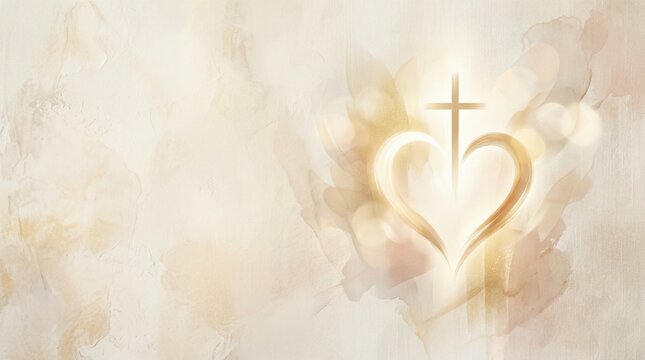 Dreamy abstract Christian cross and heart with soft bokeh light. Spiritual artistic background for religious mindfulness, church worship, and divine love messages.