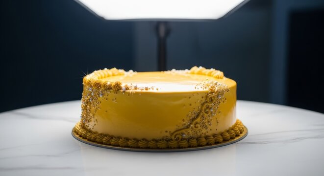 Elegant yellow cake with intricate decorations on marble table
