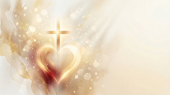 Powerful Christian cross and heart with golden sparkles and light rays. High impact spiritual design for religious festivals, church events, and divine glory concept.