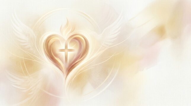 Sacred heart with Christian cross and ethereal dove wings. Holy Spirit symbol for religious design, church ministry, baptism, confirmation and spiritual peace concept.