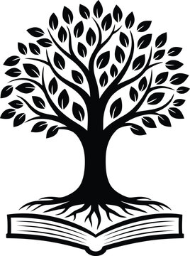 A black and white illustration of a tree growing out of an open book