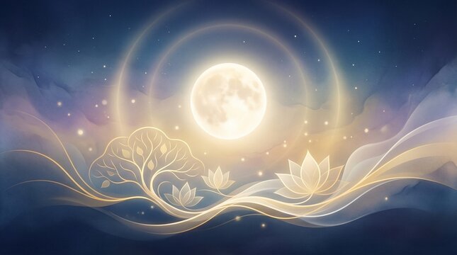 Mystical full moon night with golden lotus flowers and bodhi tree waves. Ethereal spiritual background for Buddha Purnima, meditation music, and mindfulness concepts. 190 chars.