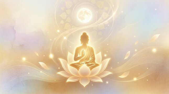 Golden Buddha silhouette sitting on glowing lotus with full moon background. Divine light illustration for Vesak, Buddha Purnima, and spiritual enlightenment themes. 187 chars.