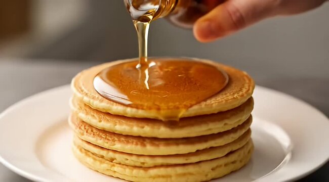 Golden stack of delicious pancakes drizzled with sweet maple syrup on plate