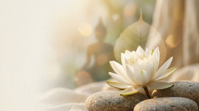 White lotus flower on zen stones with Buddha silhouette and bodhi leaf background. Spiritual meditation concept for Buddha Purnima, yoga, wellness, and inner peace. 190 chars.
