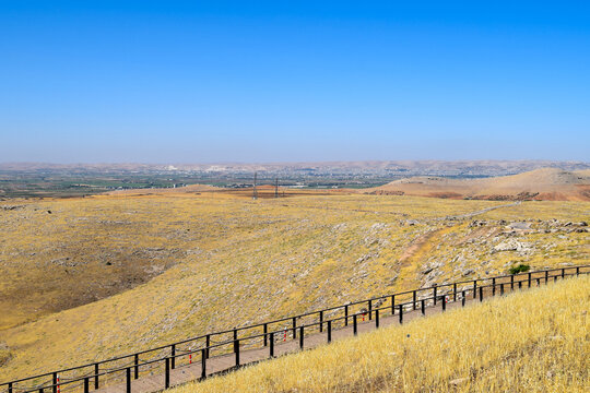 View of golden grasslands meet the distant cityscape under a clear blue sky, a path guiding the eye into the vast landscape, Urfa, Sanliurfa, Turkey.