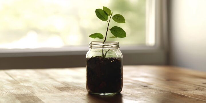 Plant in mason jar on wooden surface near window