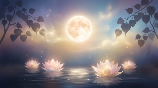 Beautiful Vesak Day background with glowing lotus flowers floating on water under full moon and bodhi leaves for Buddha Purnima celebration and spiritual meditation wellness design.