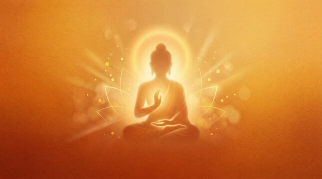 Spiritual Buddha Purnima portrait with glowing Buddha silhouette in Vitarka Mudra on lotus. Zen meditation background with divine light rays for Vesak Day religious celebration.