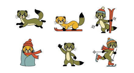Fototapeta premium Cartoon weasels in various poses and winter activities against white background