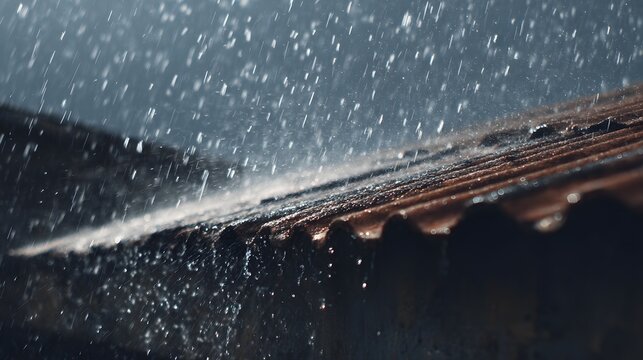 Rainwater splashing off rooftop edge with droplets in motion.