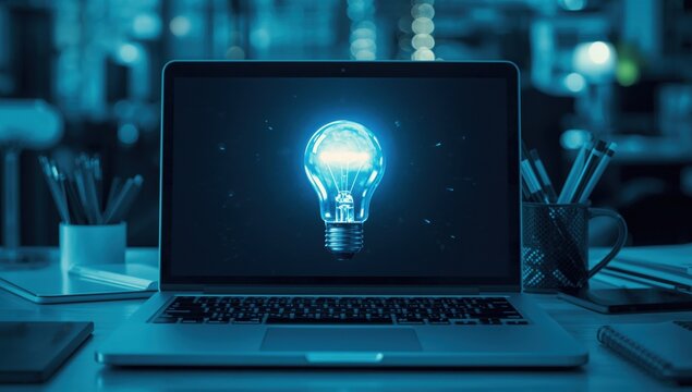 A glowing lightbulb on a dark laptop screen in a dimly lit room