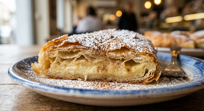 Bougatsa Flaky Custard Pastry Dusted with Powdered Sugar in Cafe Setting
