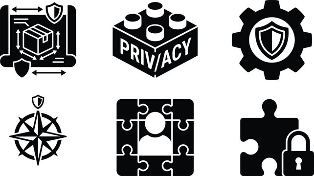 Vector silhouette set of privacy by design icons featuring PbD blueprint, building foundation, gear shield and security compass