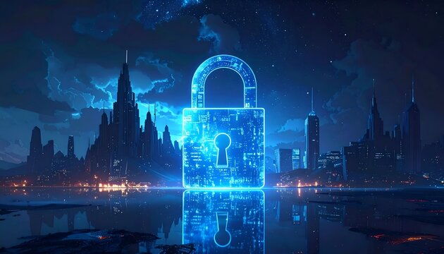 Cyberpunk city network security padlock