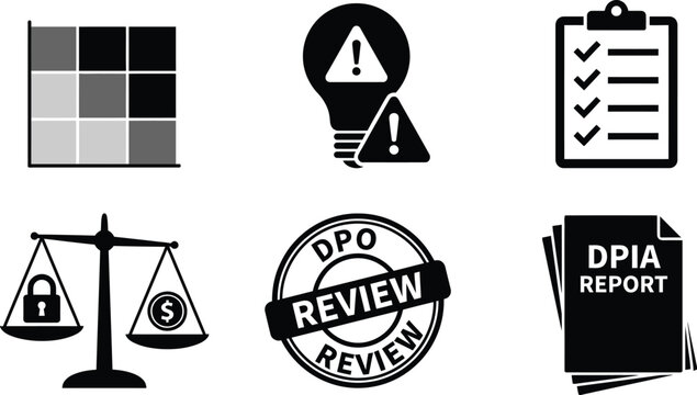 Vector silhouette set of DPIA data protection impact assessment icons featuring risk matrix, warning lightbulb, compliance checklist and DPO review stamp