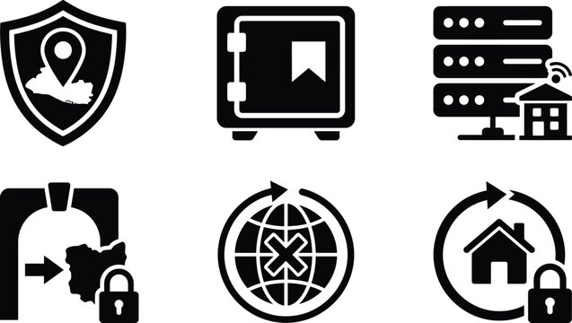 Vector silhouette set of data sovereignty icons featuring localized map pin shield, national flag data vault, regional server and secure local loop