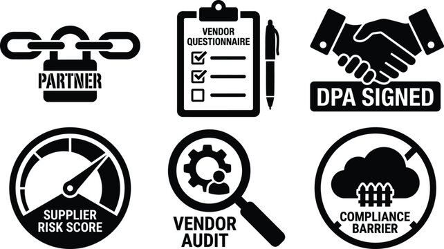 Vector silhouette set of 6 vendor management and third-party risk icons featuring partner chain lock, DPA handshake, and risk assessment gauge