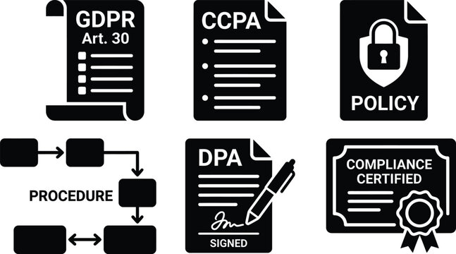 Vector silhouette set of 6 compliance documentation icons featuring GDPR Article 30, CCPA requirements, policy document, procedure flowchart and signed DPA