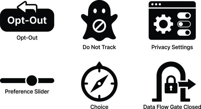 Vector silhouette set of 6 CCPA right to opt out icons featuring opt out button, do not track ghost, privacy toggles and closed data gate