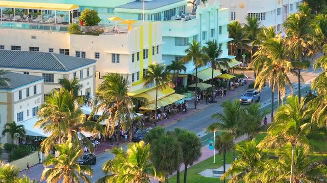 Aerial view of Ocean Drive in Miami Beach, Florida. Iconic travel destination.