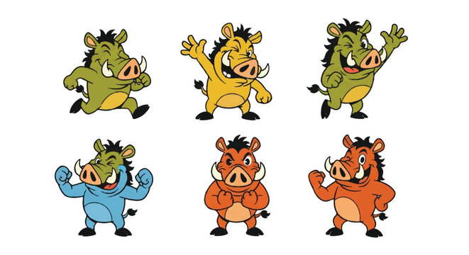 Cartoon warthog characters in various poses on white background
