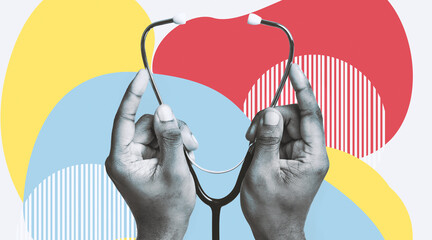 Hands of an African doctor hold a stethoscope ready for a medical check up. The doctor stands...