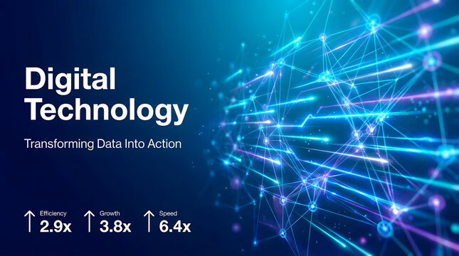 Digital Technology Transforming Data Into Action against a dynamic glowing network with statistical improvements.