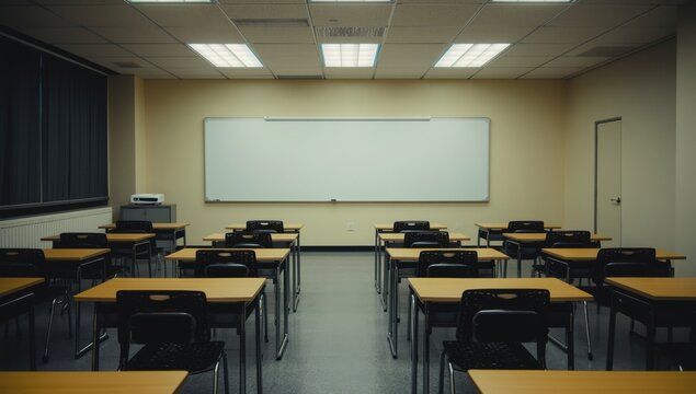 Empty modern conference room with black chairs and large windows