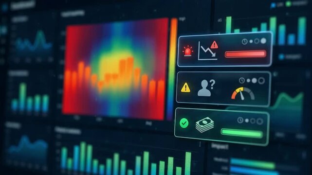 Focused view of AIpowered credit assessment alerts on a digital dashboard while the surrounding charts and heatmap remain softly blurred.