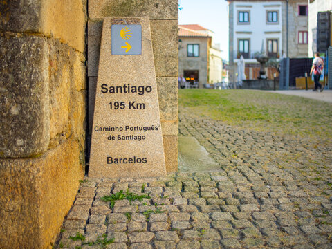 Milestone in Barcelos Marking 195km to Santiago de Compostela on the Portuguese Way Pilgrimage Route