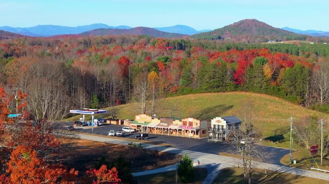 Appalachian mountains rural landscape with small town traditional general store and gas station in Long Creek, South Carolina in fall season.