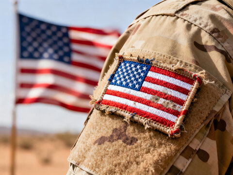 American flag patch on military uniform, US soldier in desert camouflage gear, patriotic United States veteran honoring national flag isolated on White Background