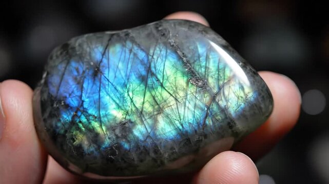 Person holding a beautiful iridescent labradorite gemstone